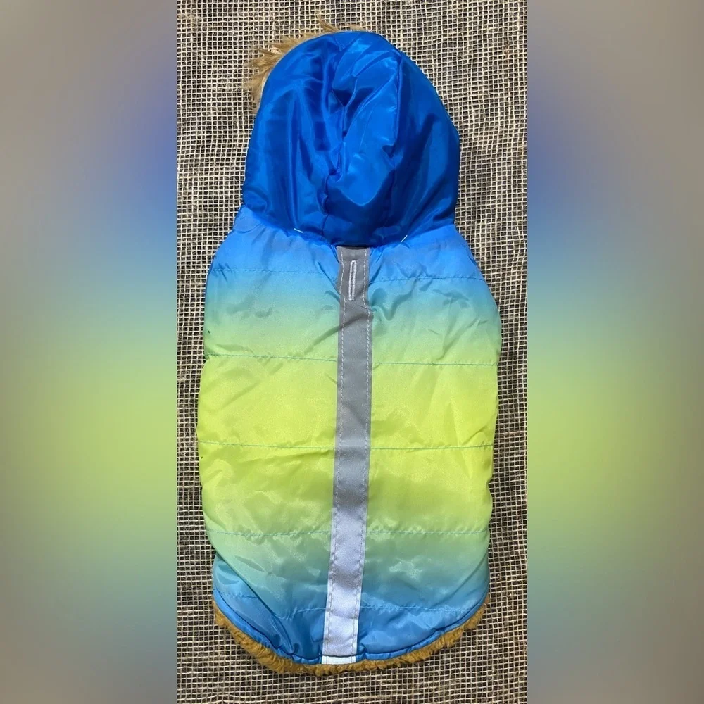 Pet Hooded Jacket Size Small Vibrant Life NEW Blue Yellow Ombré Sherpa Lining